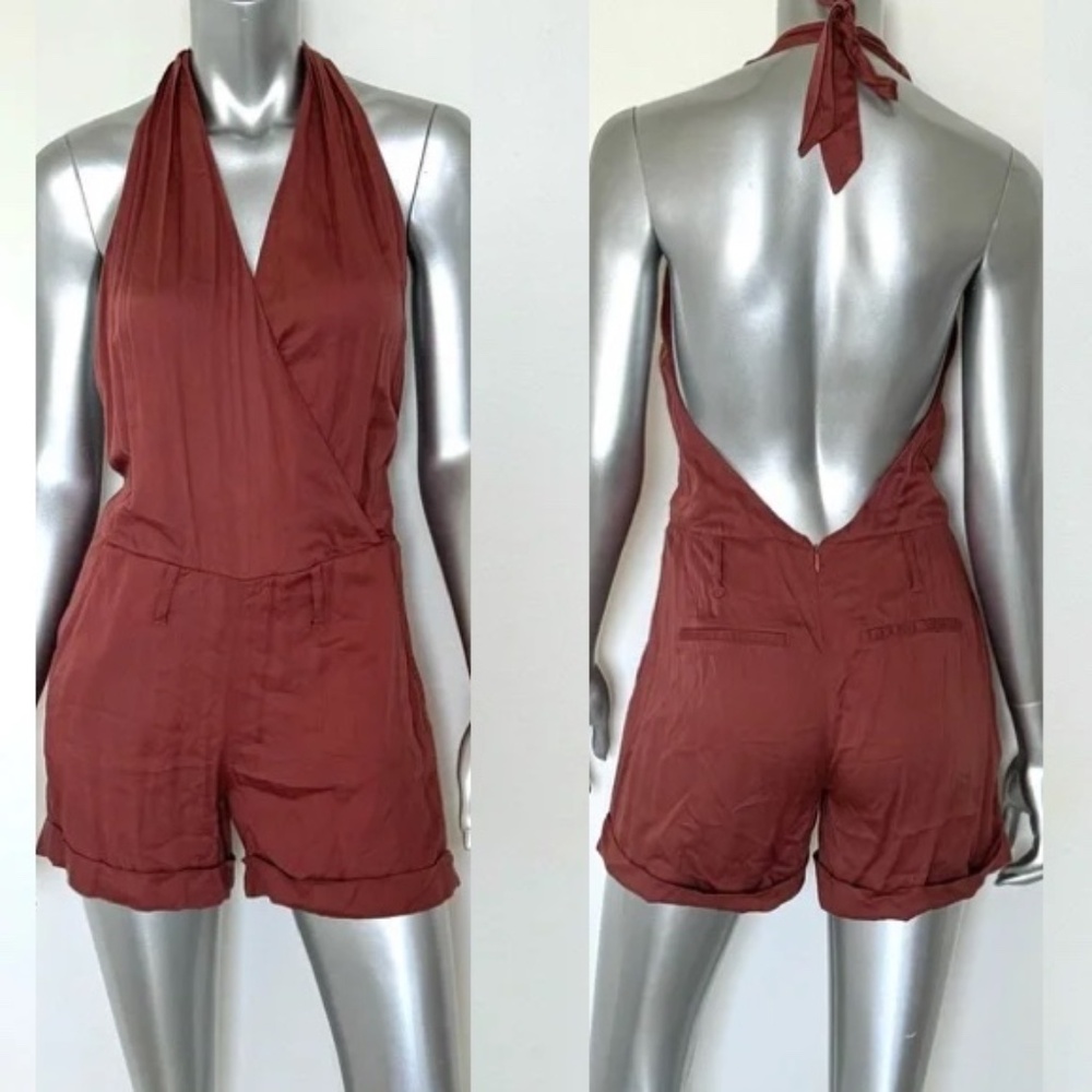 NEW LONDONJEAN Viscose Dark Rose Rust Halter cuff Open Back Romper 4 London Jean
